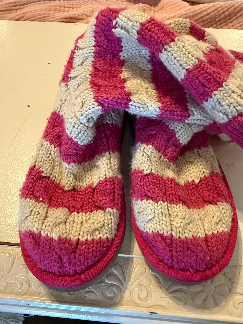 UGG Kids Hot Pink & Cream Striped Knit Slippers